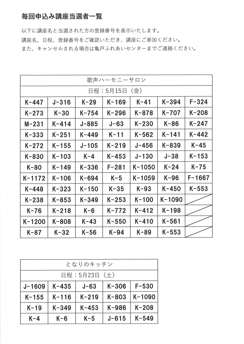 5月後半毎回申込講座 当選連絡その2【その他の講座】｜福祉・介護